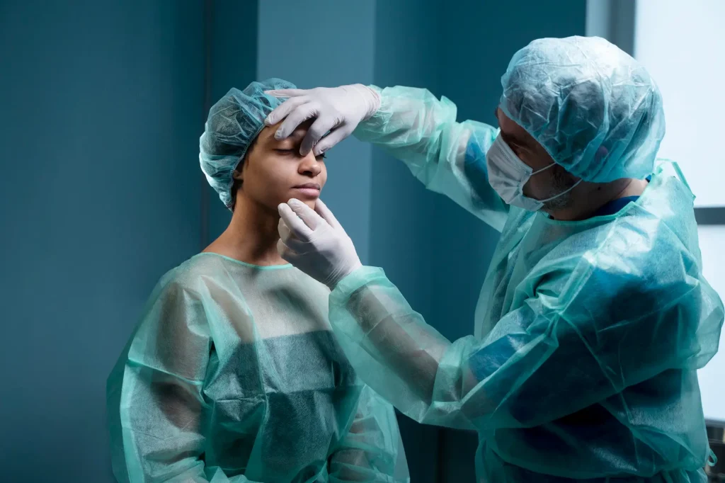 Un cirujano con mascarilla y guantes examina el rostro de una paciente en vestimenta quirúrgica, en una evaluación médica relacionada con un procedimiento facial y casos de negligencia en cirugías estéticas.